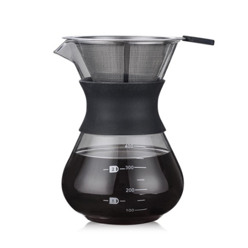 Pour Over Coffee set w/ paperless, reusable, stainless steel filter.