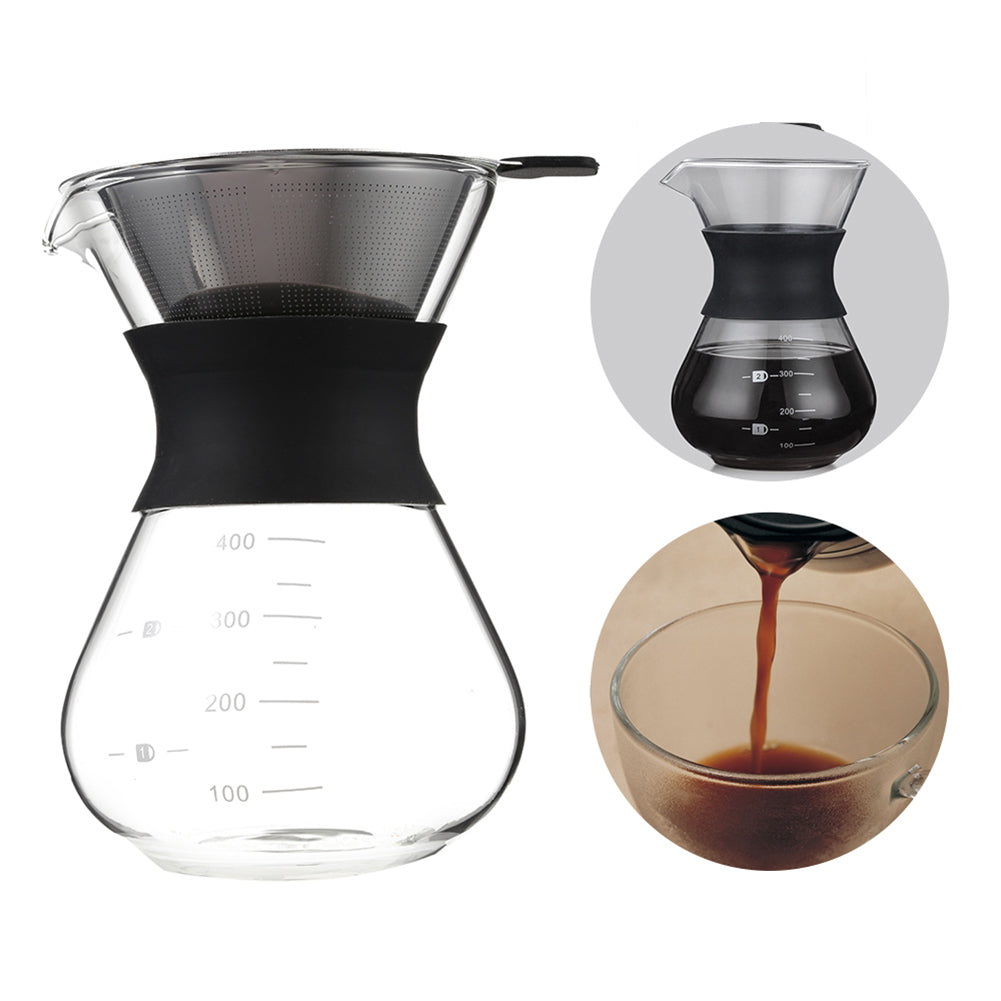 Pour Over Coffee set w/ paperless, reusable, stainless steel filter.