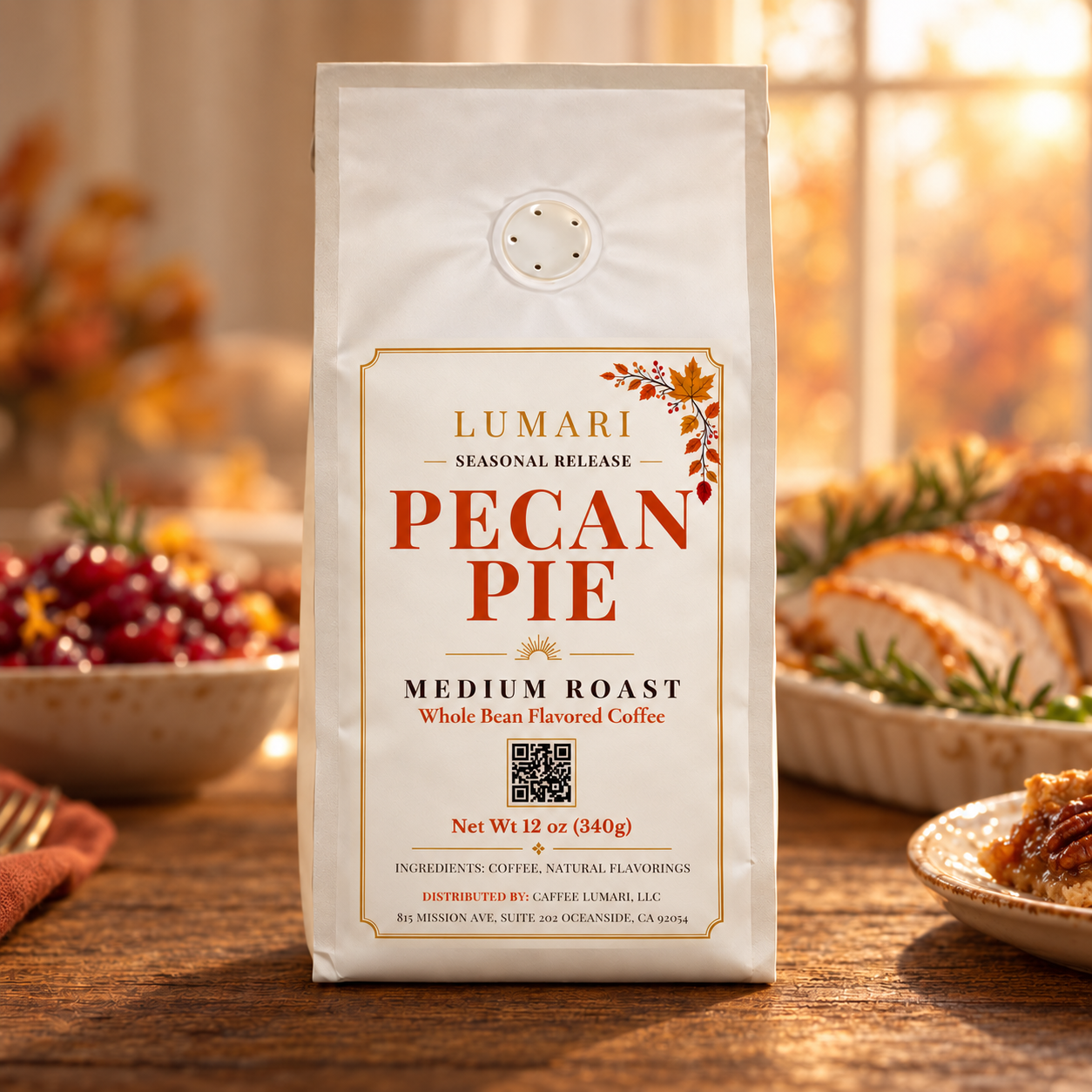 Lumari Pecan Pie seasonal release flavored coffee bag in a warm fall setting